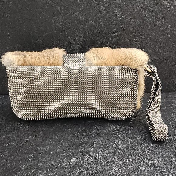Sondra Roberts Metal Mesh Wristlet With Genuine Rabbit Fur And Stones - Picture 4 of 10